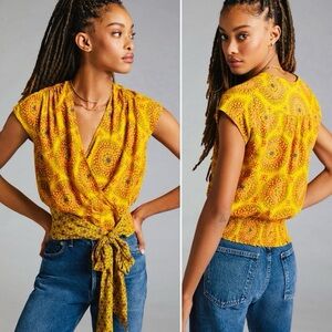Anthropologie Maeve Marzia Yellow Red summer cap-sleeve Wrap Tie Top Blouse XS